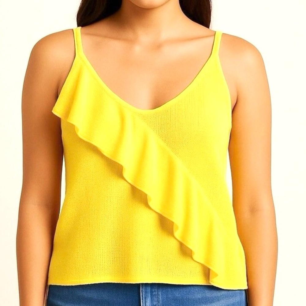 NEW Women’s Sleeveless Ruffle Knit Fringe Tank Top Marigold Yellow